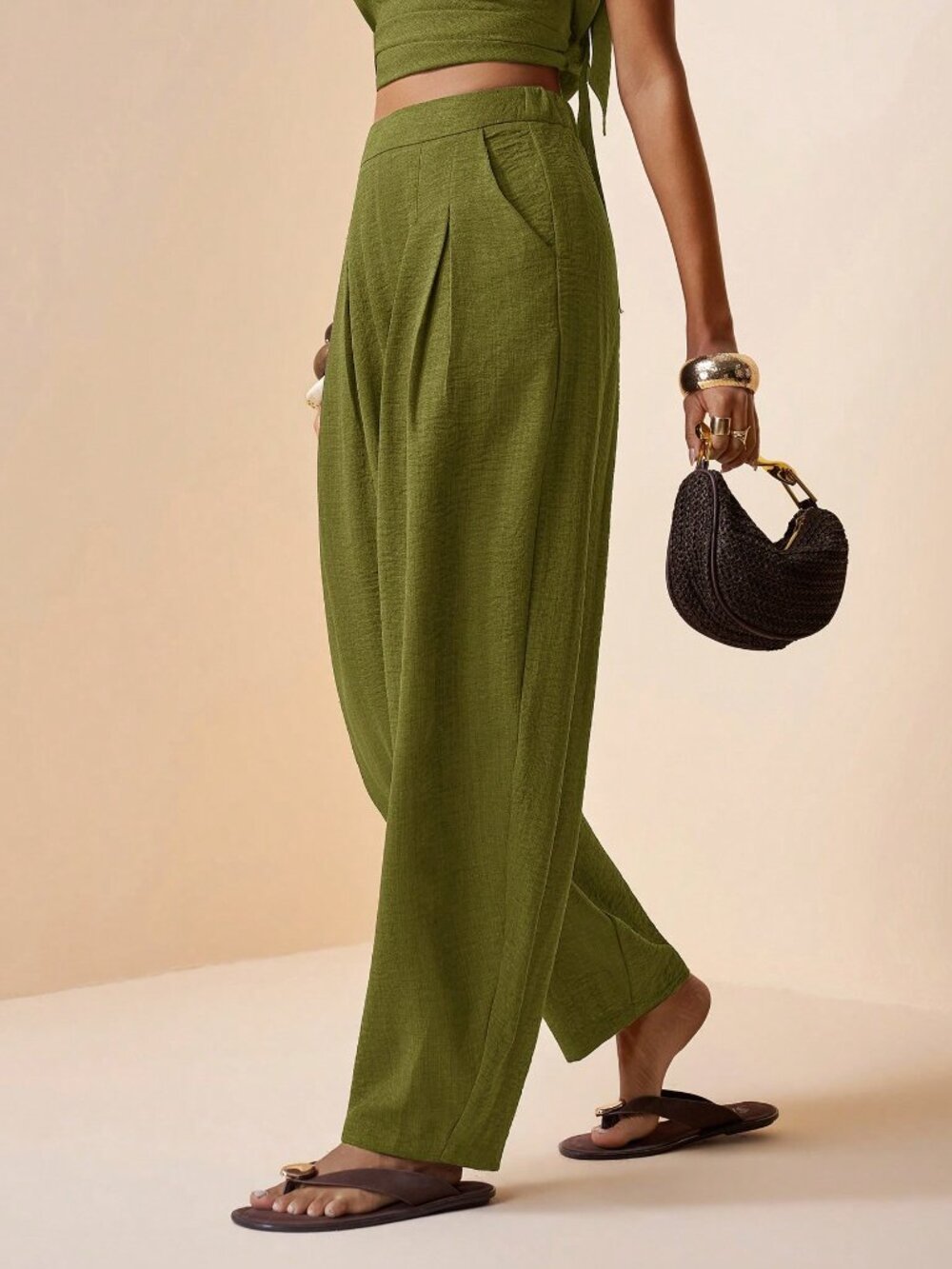 Army Green Casual Women's French-Style Pleated Pants - Picture 7 of 8